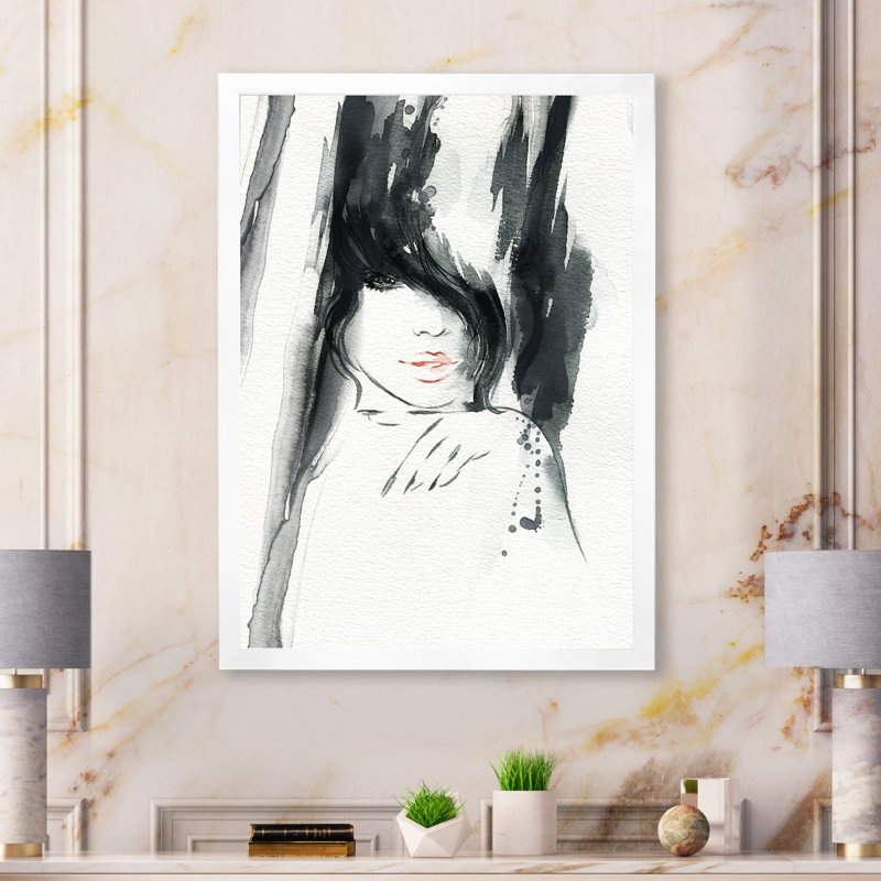 Portrait noir et blanc d'un mannequin élégant - Art mural sur toile glam, H 44 po x l 34 po x P 1,5 po, Cadre photo blanc