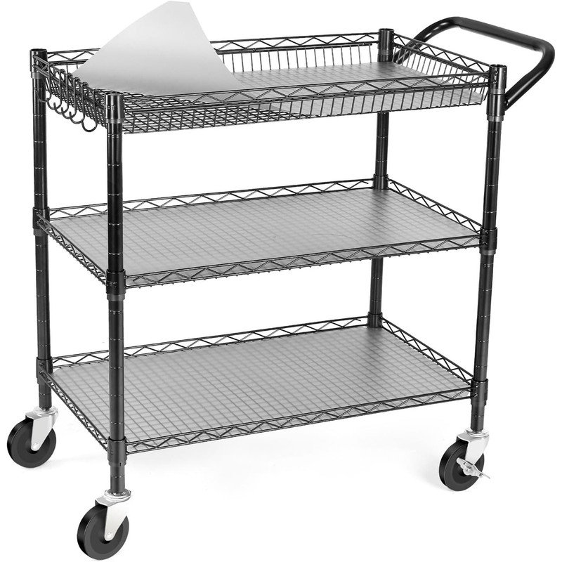 Black Metal 3-Tier Rolling Utility Cart with Handle