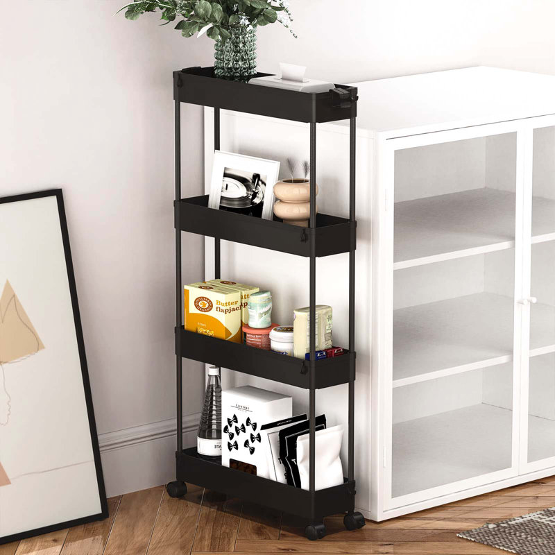Slim Storage Cart 4 Tier, Storage Organizer Rolling Utility/ Mobile Shelving Unit Slide Out Storage Cart, Black