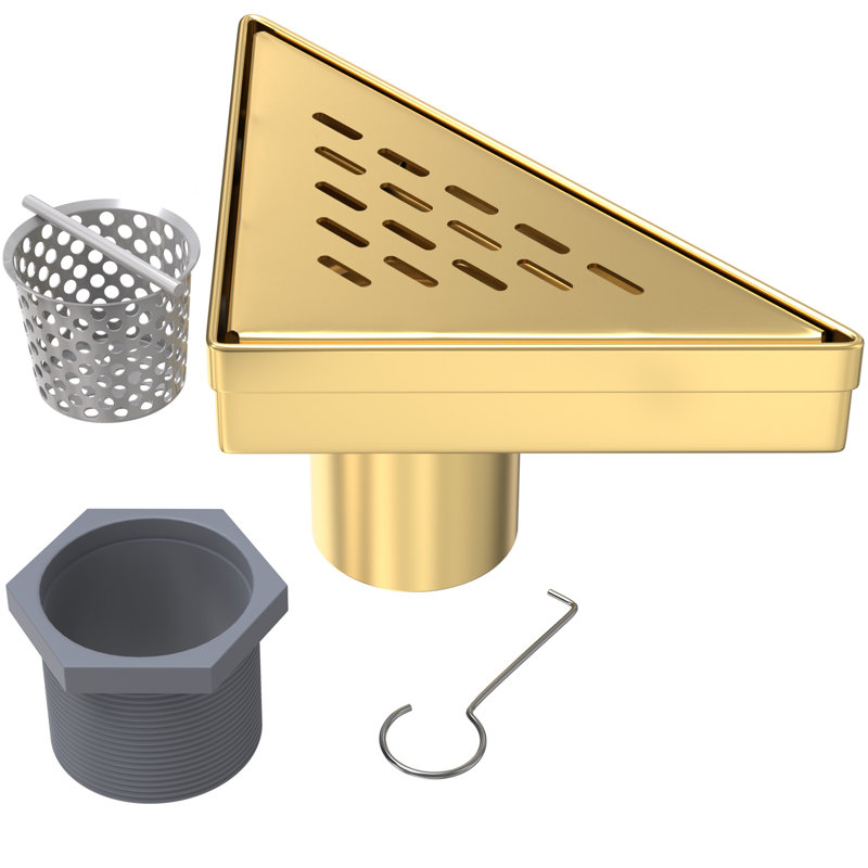 8" GRID CORNER SHOWER DRAIN with Hair Strainer & Lifting Hook – Modern Stainless Steel Drain for Bathroom Showers, Yellow