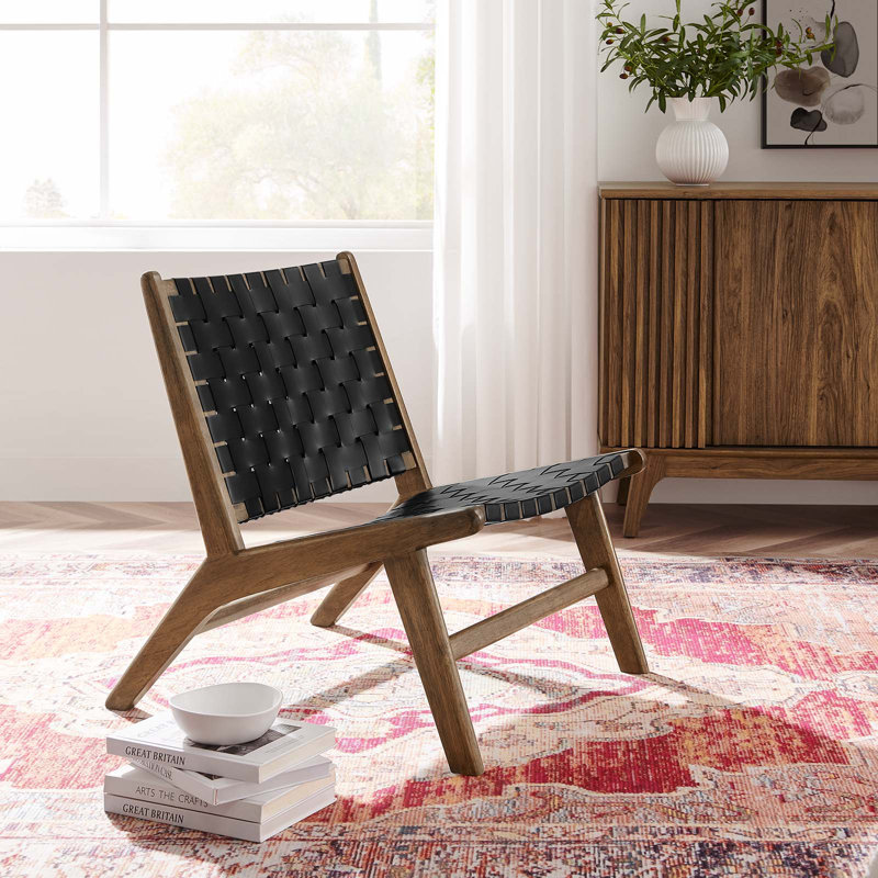 Saoirse Faux Leather Wood Accent Lounge Chair, Walnut, Light Black Faux Leather