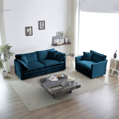 Ensemble de causeuse et de chaise 2 places, ensemble de canapé et de chaise 2 pièces, causeuse et fauteuil d'appoint, canapé de salon en chenille 2 pièces (1 + 2 places), chenille bleue