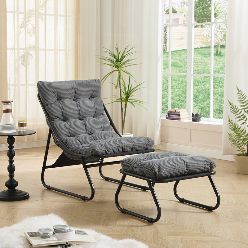 Chaise longue d'extérieur avec repose-pieds et coussin, Gris foncé, Noir