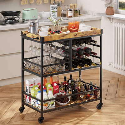 Rubiya 31.5''W 3-Tier Metal Bar Car with Wine Rack, Removable Tray, and Locking Wheels