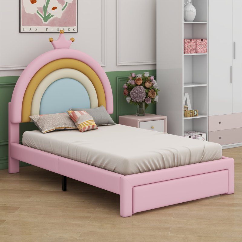 Lit tapissier princesse arc-en-ciel avec tiroir de rangement, Lit simple