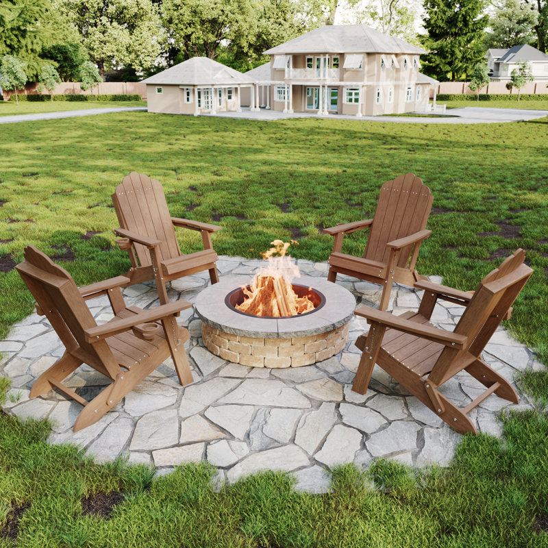 Ergonomic Folding Adirondack Chair with Cup Holder, All-Weather Patio Adirondack Chair for Outdoor, Easy Assembly, Teak