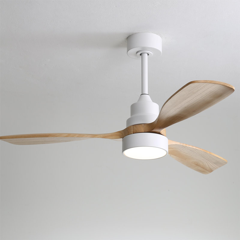 Ventilateur de plafond en bois massif 48 po avec lumières DEL Nicloe, Bois de chêne, Blanc