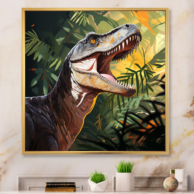 Dinosaur gris et vert «Call I» - art de mur de dinosaure, H 16 po x l 16 po x P 1 po, Cadre flottant doré