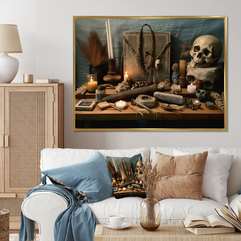 Autel avec objets sacrés I - reproduction sur toile, Cadre flottant noir, H 24 po x l 32 po x P 1 po