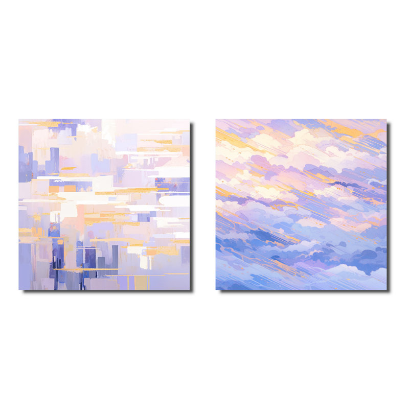 Contemporary Lavender Bold Illumination - Ensemble de 2 collages carrés géométriques abstraits, H 36 po x l 73 po