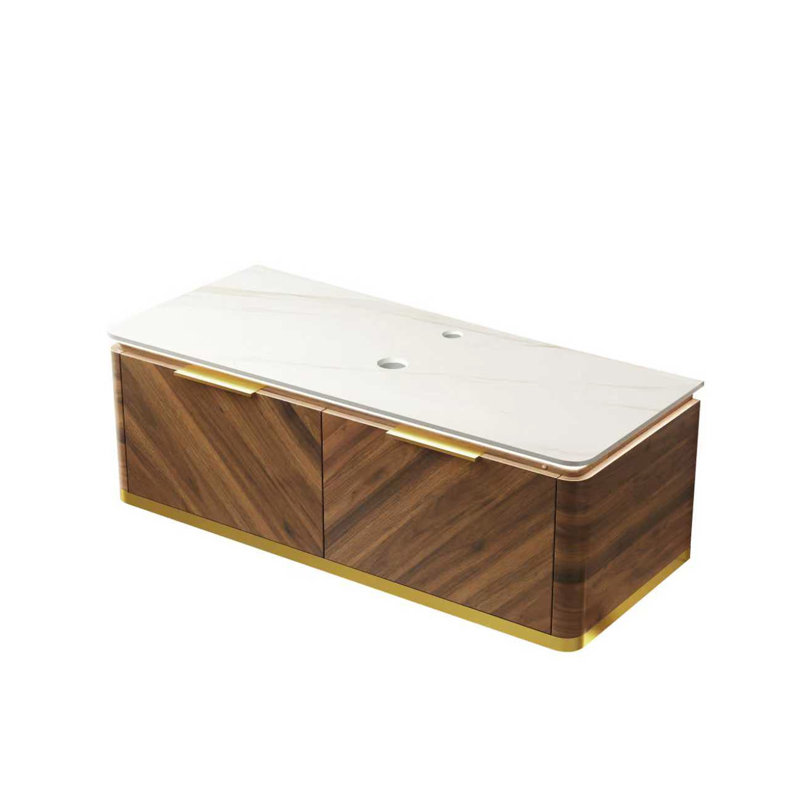 Dipa 48" Wall-Mounted Carrara Sintered Stone Countertop and Dark Walnut Woodgrain Plywood Cabinet, No Basin, No Faucet and Sink Cover