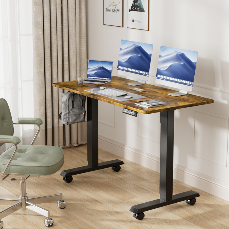 Electric Height Adjustable Standing Desk With 4 Lockable Casters, 27.95" H x 48" W x 24" D, Brown/Black