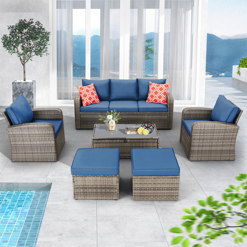 7 - Person Modular Patio Conversation Set with Cushions, Blue Cushion/Gray Frame