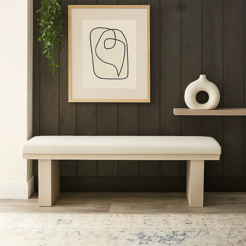 Banc de salle à manger Hagy, 59 po, base en panneau d'hévéa, siège rembourré en tissu blanc