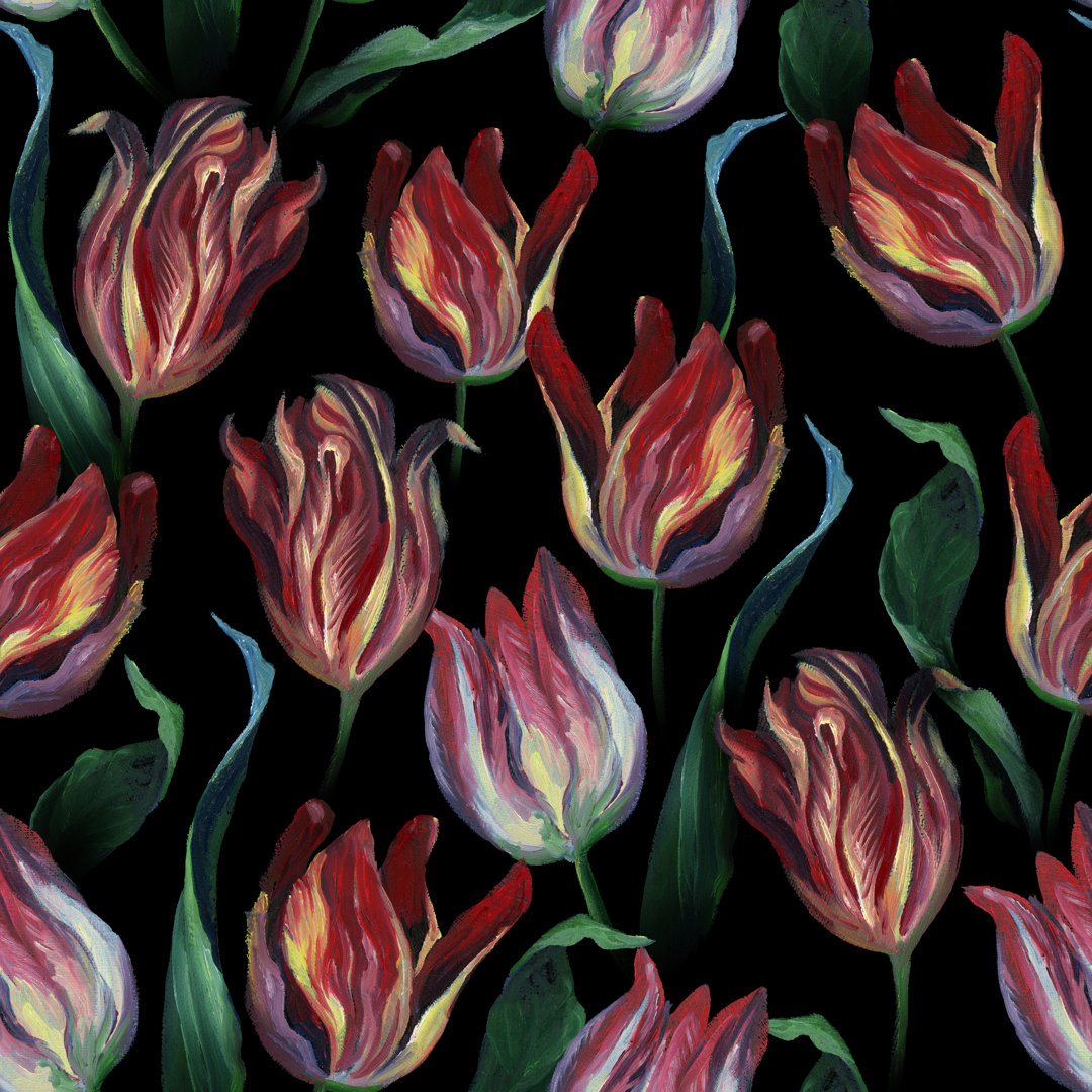 Ravena Seamless Pattern Of Red Tuliip Flowers And Leaves On Dark Black Background by KatBuslaeva - Print