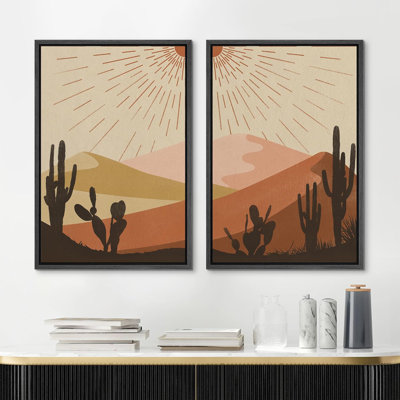 Cactus Desert Brown Sun Rays Southwest Landscape Pictures Framed Canvas 2 Pieces Print Wall Art -  IDEA4WALL