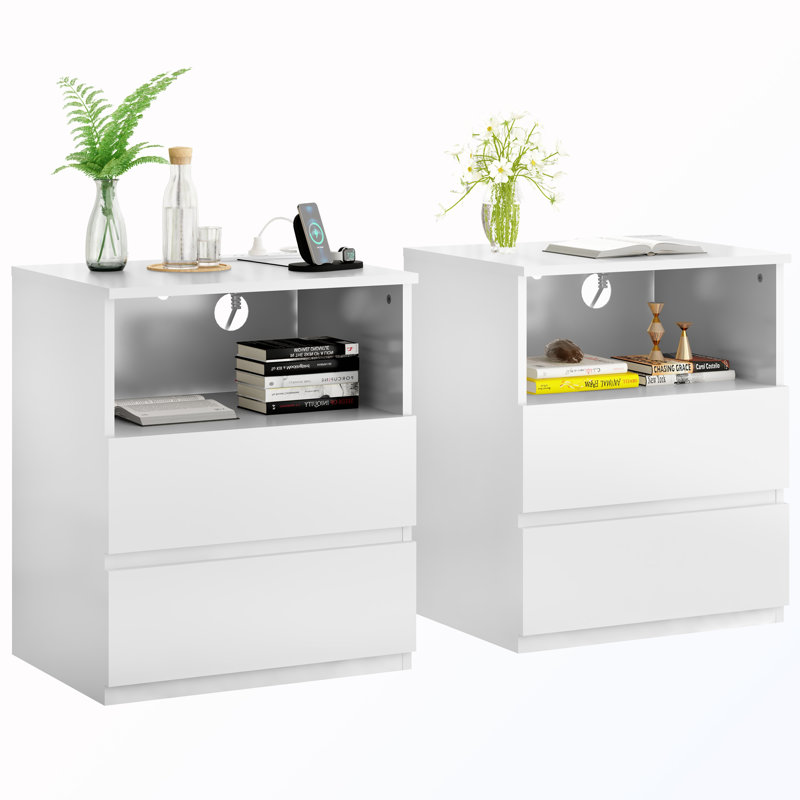 Table de chevet avec station de charge et 2 tiroirs (ensemble de 2), Blanc