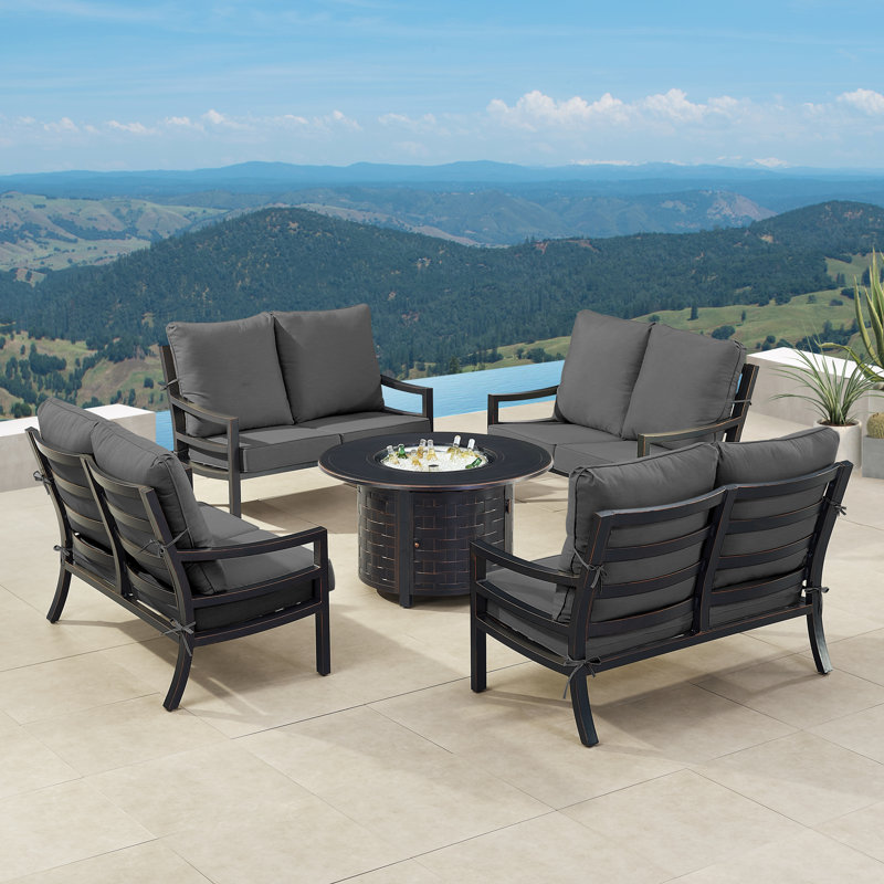 Ensemble de table de foyer en aluminium avec quatre causeuses profondes, Noir