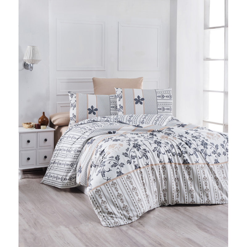 Ensemble de housse de couette simple 100% coton Ranforce, blanc / beige / noir, housse de couette 53 x 79, taie d'oreiller 31 x 31 | Doux, durable, 142 fils, lavable à la machine à 86 ° F | Conception élégante, parfaite pour les chambres confortables