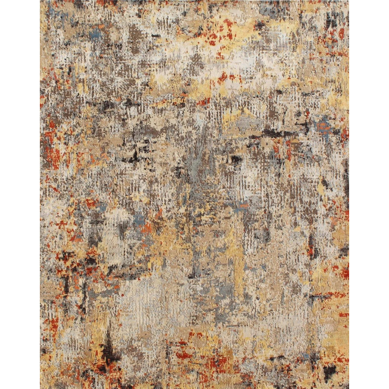 Tapis en laine noué à la main 9 pi x 12 pi | Tapis moderne et abstrait à coucher de soleil | Tapis multicolore rouille dorée | Tapis de salon Mesa