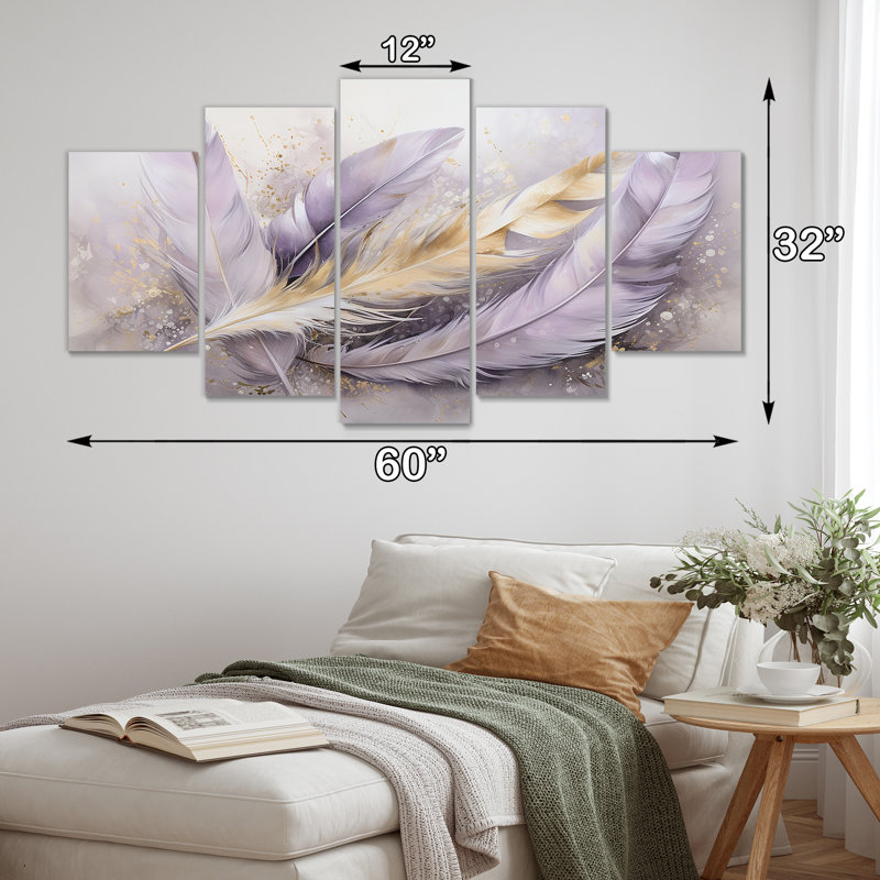 Tavery - Art mural plume boho pour le salon, 5 pièces, H 32 po x l 60 po
