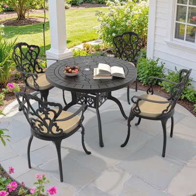 Aarielle 39.37'' Round Cast Aluminum Outdoor Dining Set with 2–4 Chairs – Weather-Resistant Patio Table & Chair Set