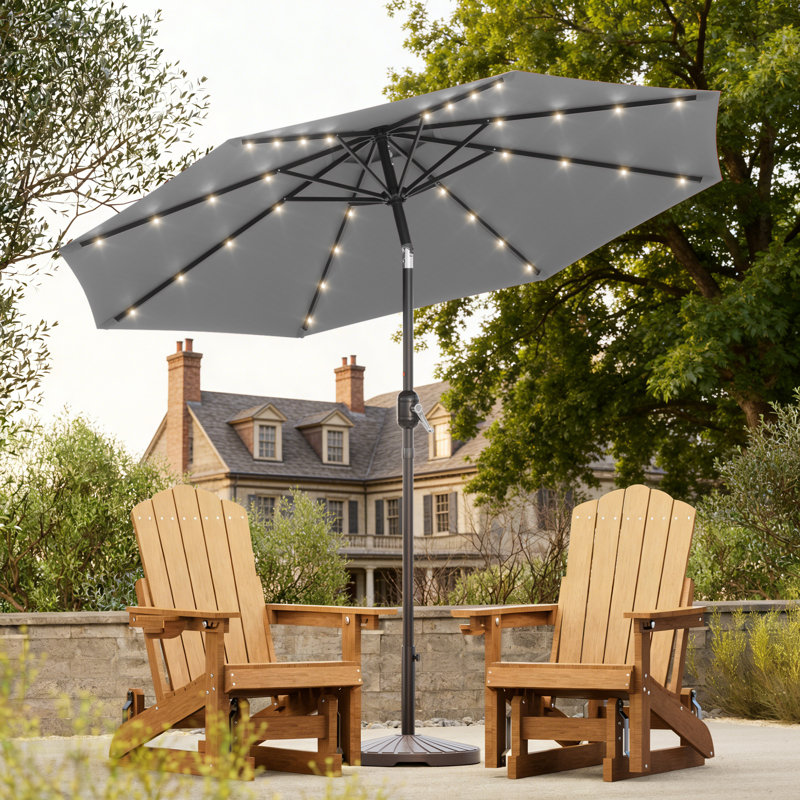 Parasol rond de 9 pi à DEL avec protection UV, inclinaison facile et résistance au vent, Gris clair