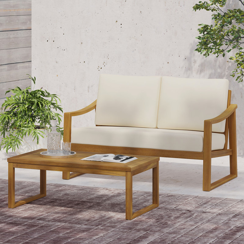 Table basse et causeuse Samwell, Coussin beige / structure en teck