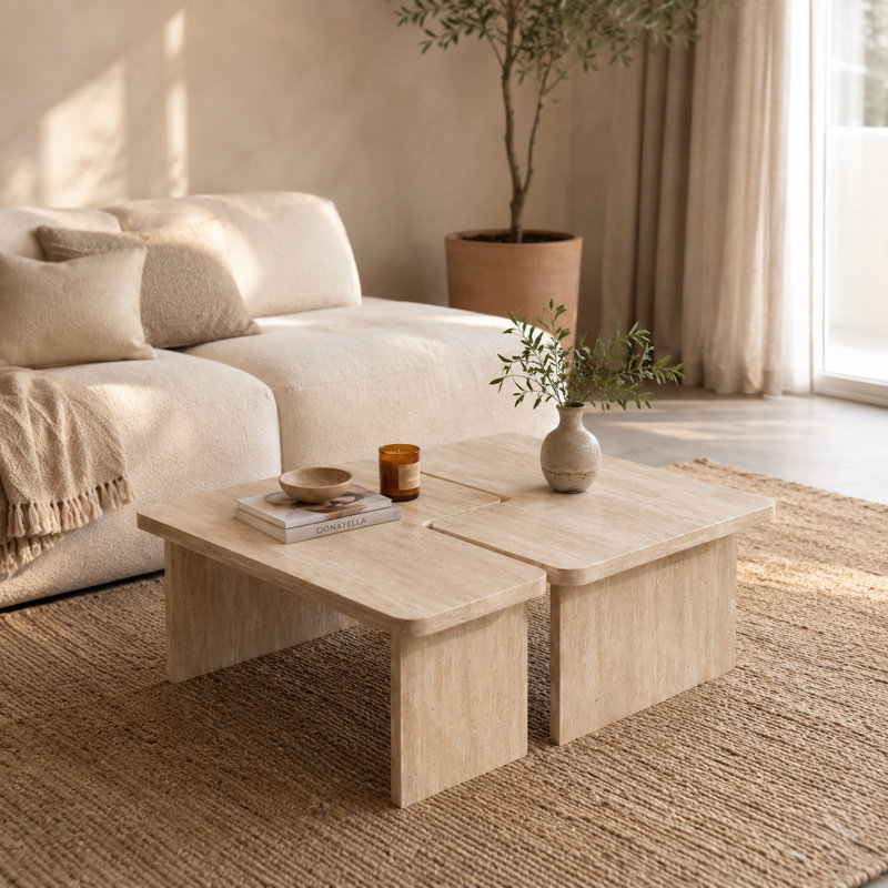 Ensemble de 2 tables basses modulaires en béton, table de cocktail gigognes en forme de L, table de centre en panneau de fibres à densité moyenne pour salon moderne