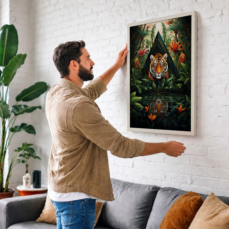 Tiger In Bloom Tropical - Print, 30x20 - 76.2 x 50.8 cm, Teal Border