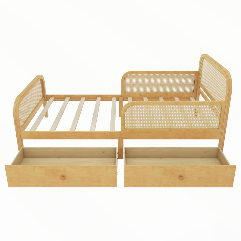 Cadre de lit plateforme avec 2 tiroirs de rangement et tête de lit en rotin, Twin, Natural