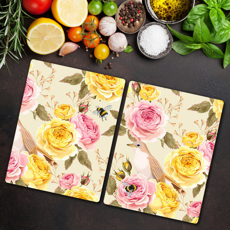 Mccaleb Tempered Glass Flowers Leaves Birds Chopping Board, 52cm x 30cm