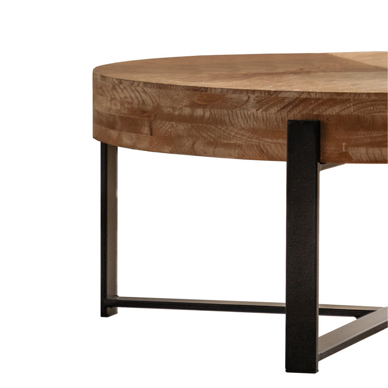 31.29" Round Fir Wood Coffee Table with Black Metal Cross Legs