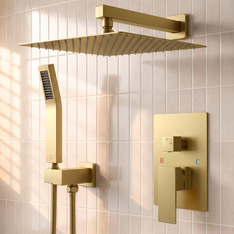 FORIOUS 12-Inch Rainfall Shower System with Handheld Spray and Pressure-Balanced Rough-In Valve, 1.8 GPM, Brushed Gold