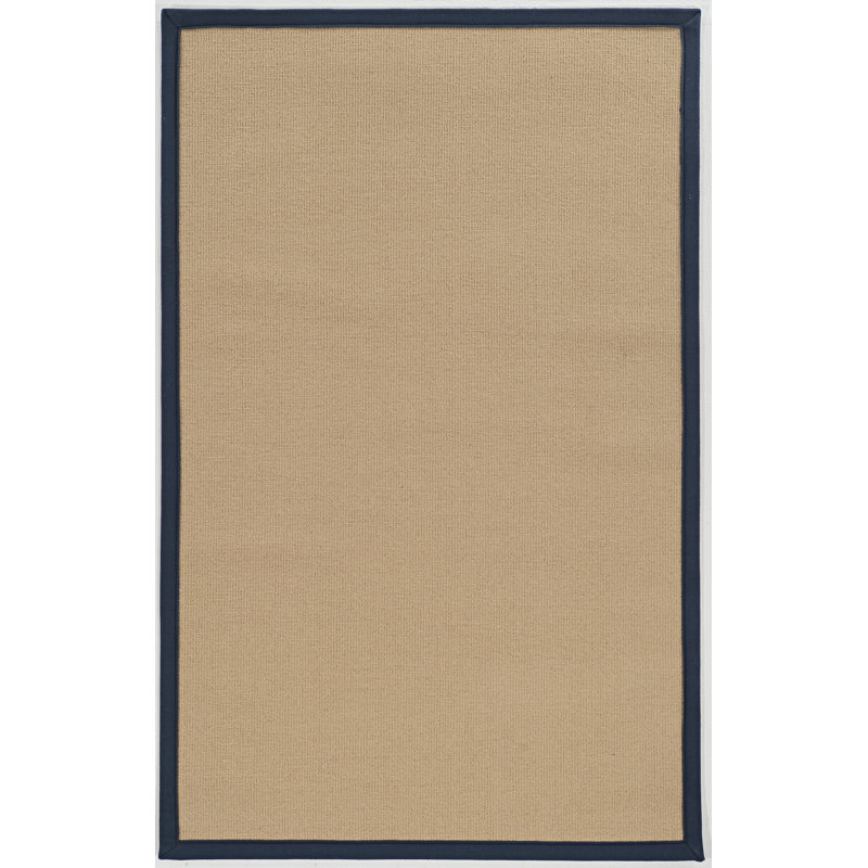 Nannette Handmade Medium Beige Berber with Navy Blue Cotton Border Made in the USA Area Rug, Rectangle 8'9" x 12'