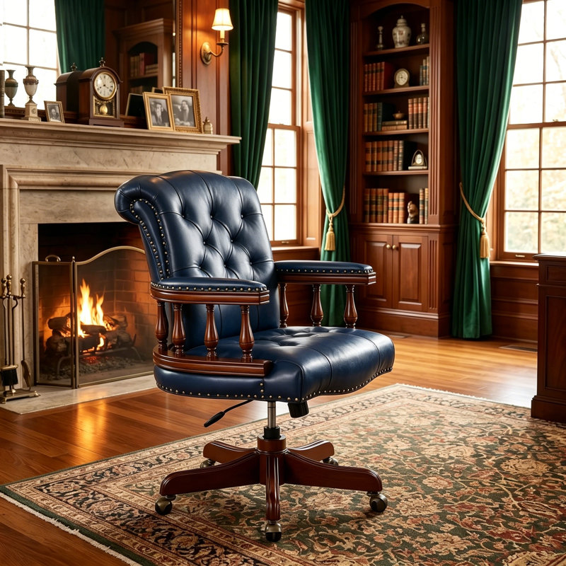 Fauteuil de direction en cuir de style rétro, fauteuil de bureau ergonomique avec base en bois massif, fauteuil d'ordinateur avec support lombaire rembourré