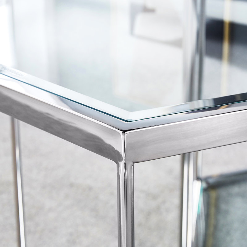 Table de bout en verre à finition argentée avec structure en acier inoxydable et rangement, fonctionnalité, espace et durabilité accrus - Facile à nettoyer efficacement, installation simple