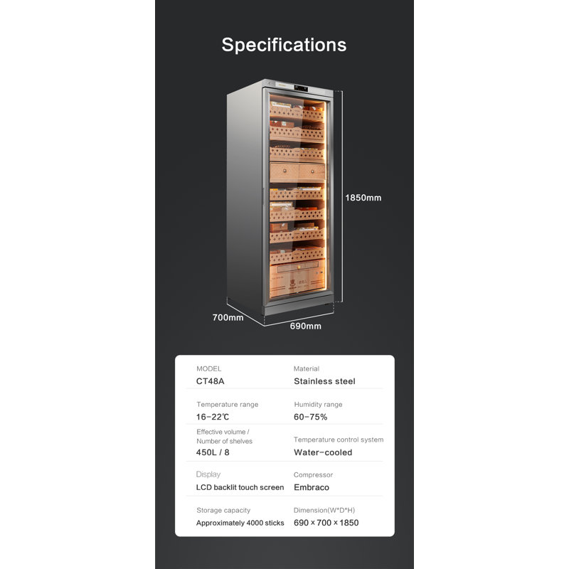 Armoire à cigares en acier inoxydable RACHING, humidificateur à cigares grande capacité 450L pour exposition, rangement et vieillissement, tiroirs et doublure en cèdre espagnol - argent