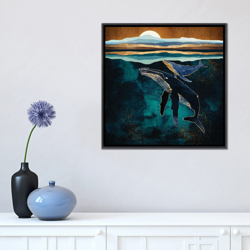 Moonlit Whales - impression d'art graphique, Aucun mat, H 18 po x l 18 po x 1,5 po, Toile avec cadre noir patiné
