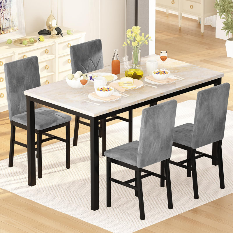 Elegant 5-Piece Faux Marble Dining Table Set, Gray