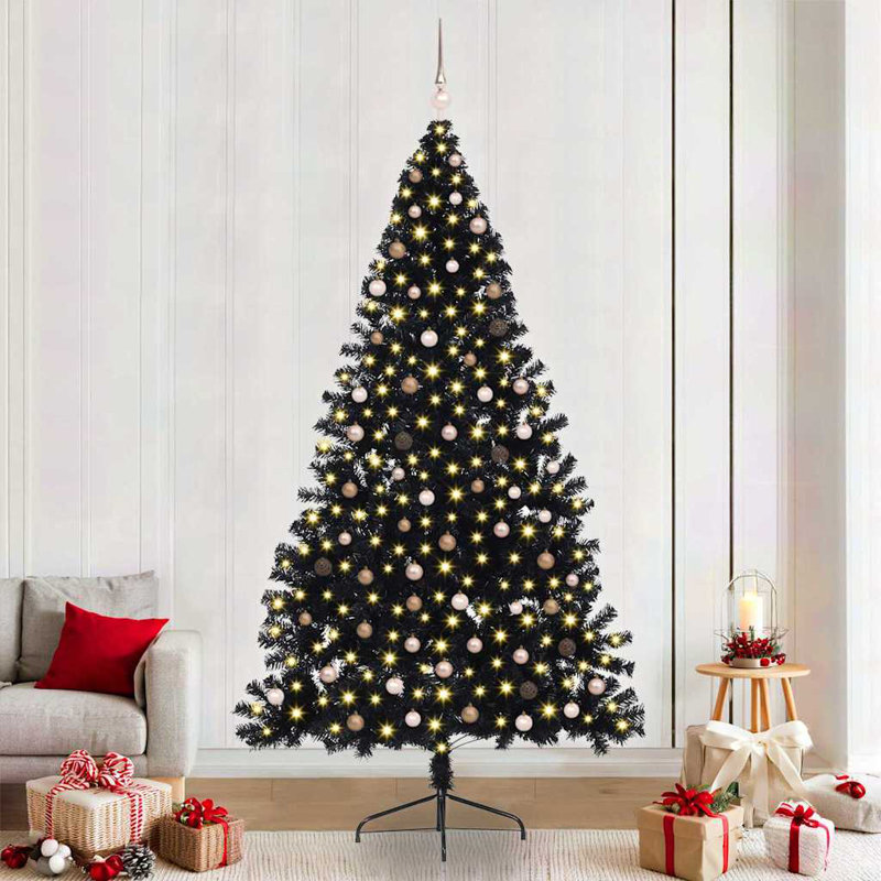 7.87' H Lighted Artificial Christmas Tree, Black, 240 cm, with 120 Rose Gold Balls