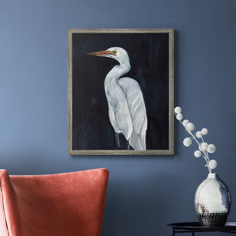 Calm Great Egret I, toile encadrée de qualité supérieure - prête à être accrochée, Argent patiné, H 24 po x l 20 po