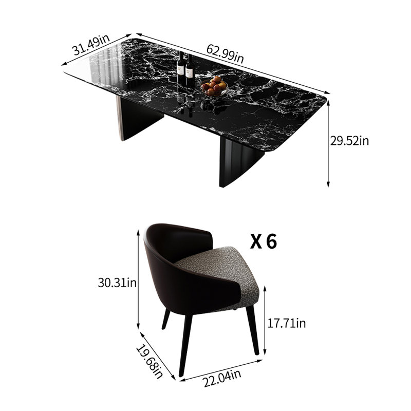 Modern luxury rectangular marble dining table set, 29.52"H x 62.99"L x 31.49"W