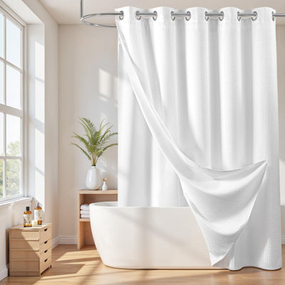 Rideau de douche en coton sans doublure avec doublure en coton, blanc, l 71 po x L 74 po | avec doublure à pression, tissu gaufré épais, qualité hôtel pour la salle de bain, hydrofuge, aimants de coin, lavable à la machine