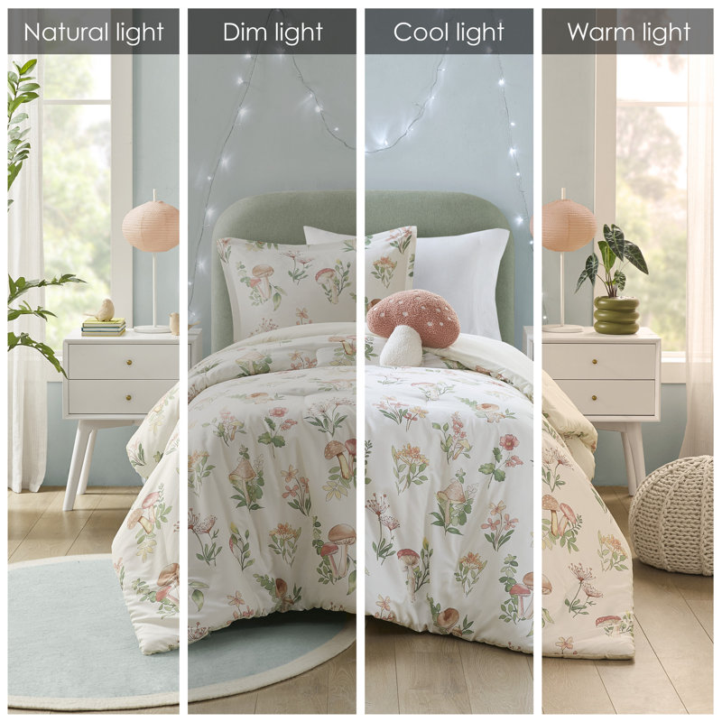 Twin Green Microfiber Mushroom Garden Comforter Set