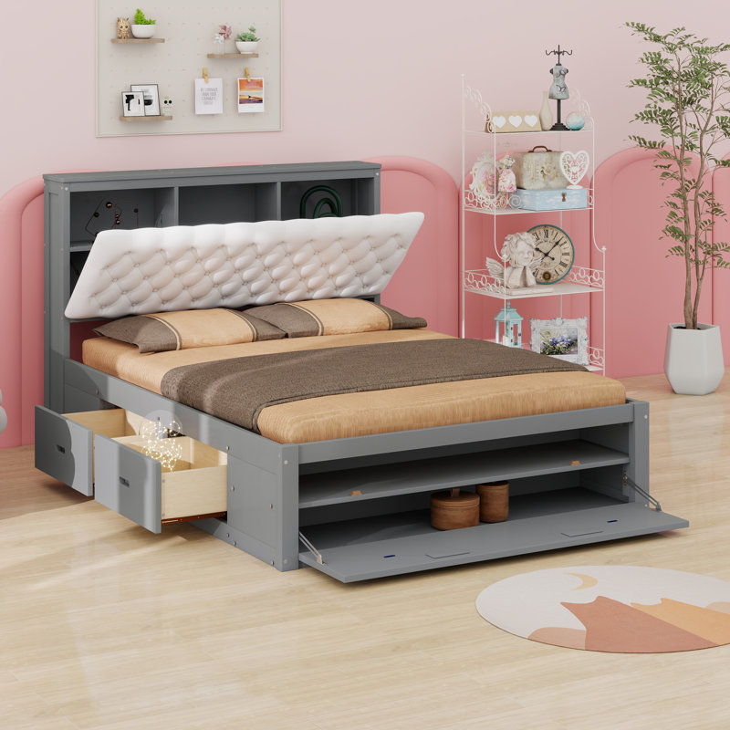 Lit plateforme en bois robuste avec 4 tiroirs, tête de lit et range-chaussures, Gris