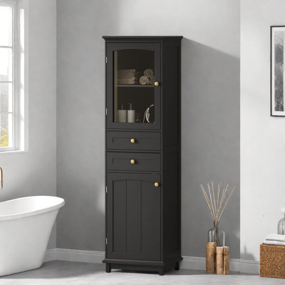 Armoire de rangement pour salle de bain avec portes en verre, 2 tiroirs et tablettes réglables
