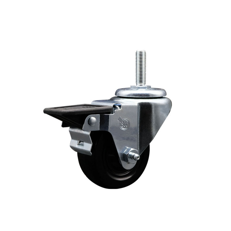 3 Inch Hard Rubber Wheel Swivel 3/4 Inch Threaded Stem Caster with Brake SCC