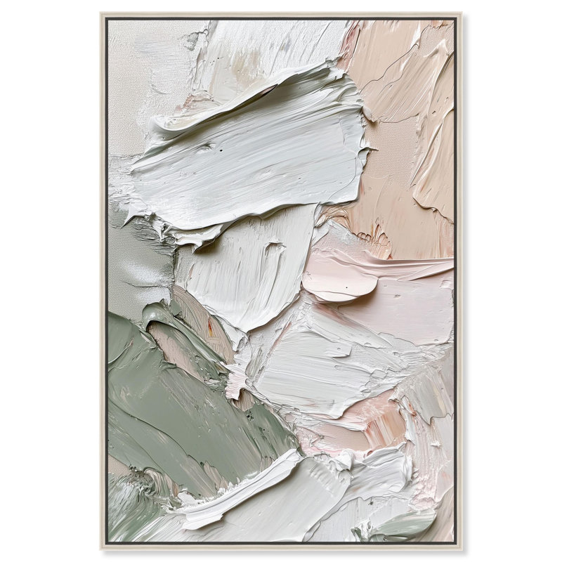 «Creamy Contours I», art mural blanc sur toile , H 31 po x l 21 po, Encadrement argenté
