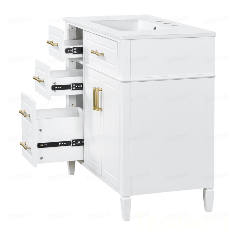 Meuble-lavabo de salle de bain avec lavabo, meuble-lavabo simple avec 4 tiroirs (1 tiroir rabattable), 2 portes et tablette ajustable, armoire en bois de pin et panneau de fibres à densité moyenne avec lavabo en céramique